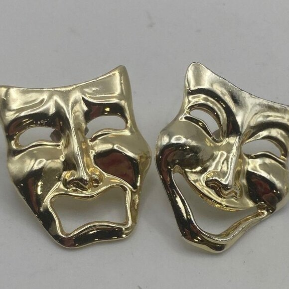 Comedy and Tragedy Earrings - gold tone- not signed - Picture 3 of 4